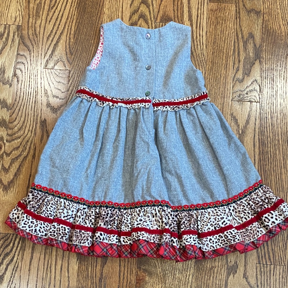 Grey wool with plaid/leopard detail Monnalisa Bebe dress, size 24 months. - Picture 7 of 11